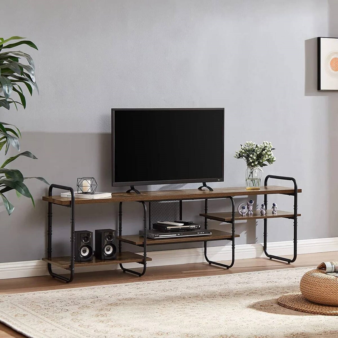 Large Modern Engineered Wood TV Stand with Metal Frame and 4 Storage Shelves for TVs Up to 75 Inch